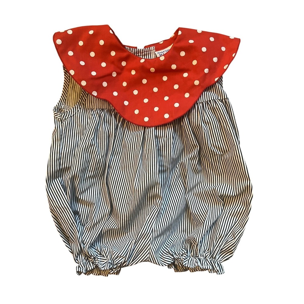 VTG Nursery Rhyme Romper Girls 3-6 Months Red Polka Dot Collar Stripe One-piece